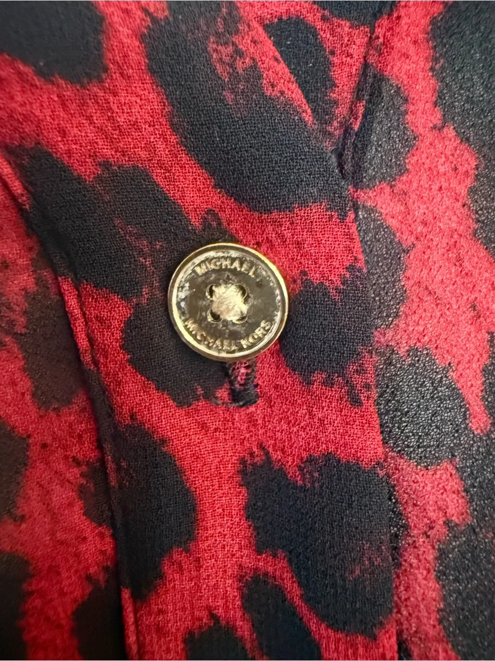 Michael Kors Red Black Leopard Print Blouse S Sheer Button Front Animal Print
